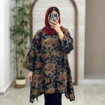 مانتو جلوبسته هنری سورمه ای گل نسکافه ای زیتونی