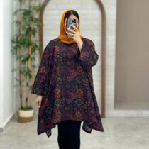 مانتو جلوبسته هنری چهل تیکه سنتی مشکی عنابی