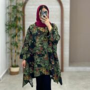 مانتو جلوبسته هنری طرح برگ و شاخه سبز