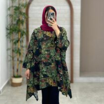 مانتو جلوبسته هنری طرح برگ و شاخه سبز