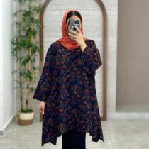 مانتو جلوبسته هنری سورمه ای گل ریز عنابی
