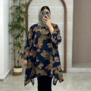 مانتو جلوبسته هنری سورمه ای گل نسکافه ای