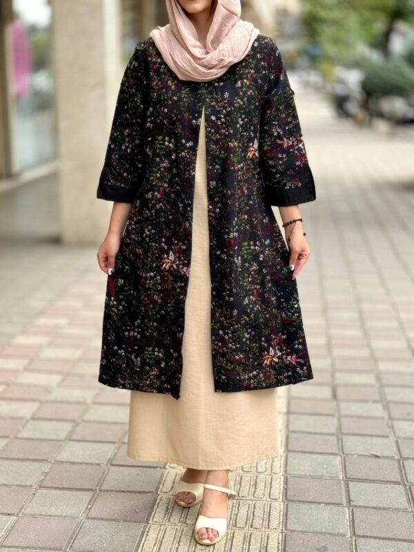 مانتو جیب در پیله مشکی گل ریز سفید زرشکی