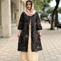 مانتو جیب در پیله مشکی گل ریز سفید زرشکی