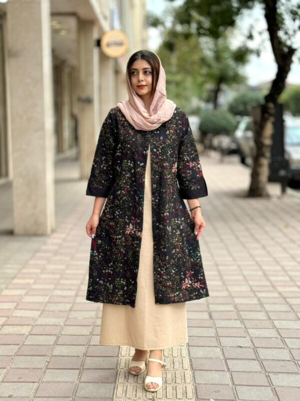 مانتو جیب در پیله مشکی گل ریز سفید زرشکی