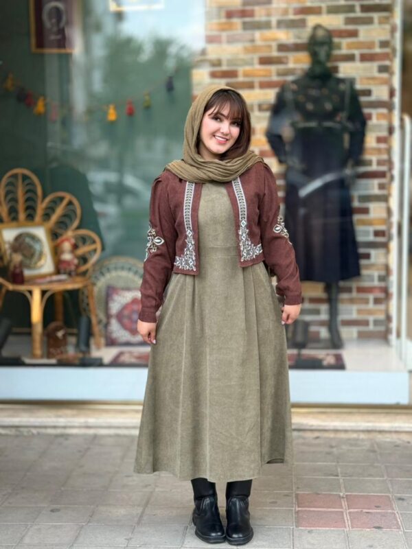 کت و سارافون نازلی کبریتی زیتونی قهوه ای