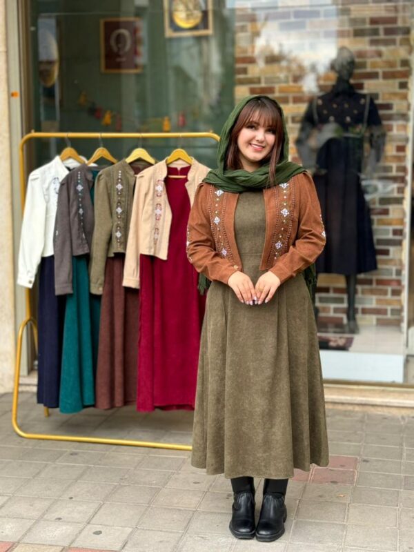 کت و سارافون پروانه کبریتی زیتونی قهوه ای شکلاتی