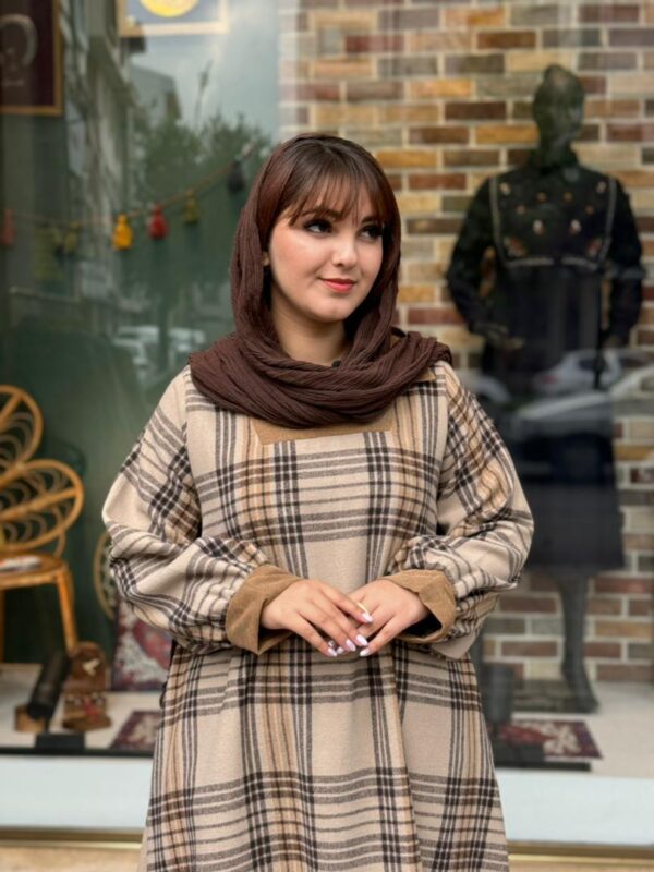 پیراهن هدیه نسکافه ای قهوه ای چهارخونه درشت