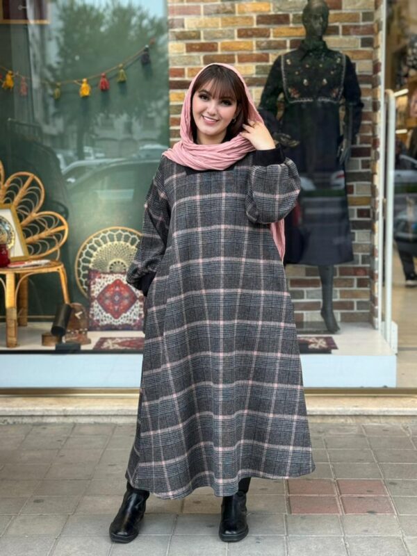 پیراهن هدیه مشکی طوسی صورتی چهارخونه ریز