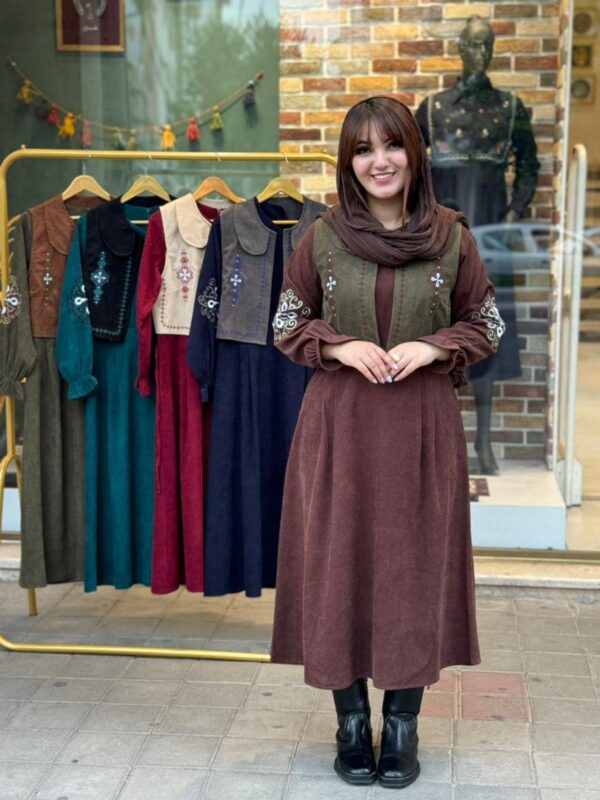 پیراهن جلیقه ترنم کبریتی قهوه ای یشمی