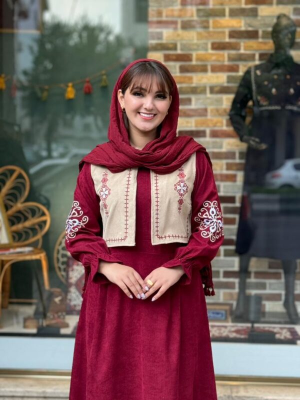پیراهن جلیقه ترنم کبریتی زرشکی کرم