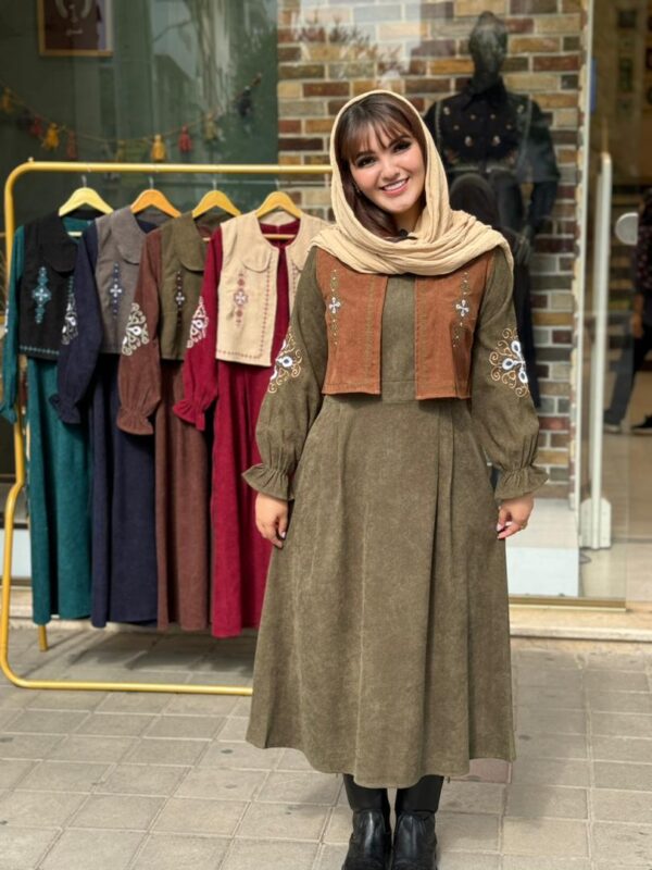 پیراهن جلیقه ترنم کبریتی زیتونی قهوه ای شکلاتی