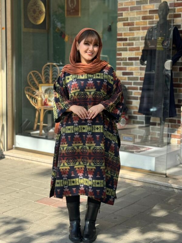 پانچ جلوبسته پشمی طرحدار سورمه ای خردلی آجری