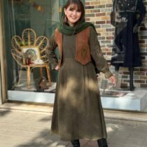 پیراهن جلیقه بته جقه کبریتی زیتونی قهوه ای شکلاتی