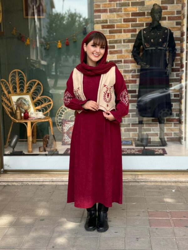 پیراهن جلیقه بته جقه کبریتی زرشکی کرم