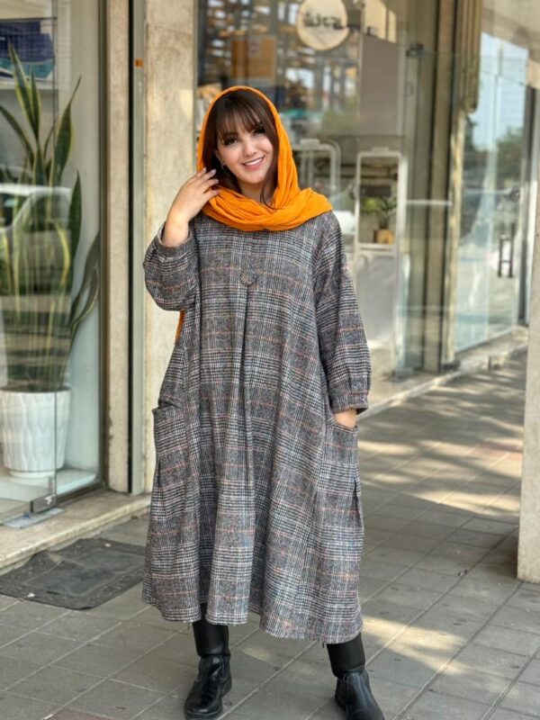 پیراهن کعبه طوسی نارنجی چهارخونه ریز