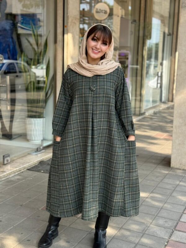 پیراهن کعبه یشمی کرم چهارخونه ریز