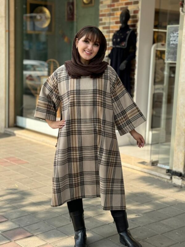پانچ جلوبسته پشمی کرم قهوه ای چهارخونه