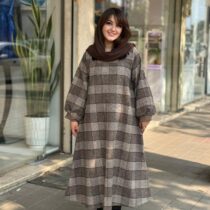 پیراهن هدیه کرم قهوه ای چهارخونه درشت