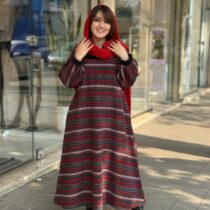 پیراهن هدیه راه راه طوسی قرمز صورتی