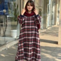 پیراهن هدیه زرشکی سفید چهارخونه