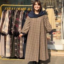 پیراهن هدیه نخودی سورمه ای چهارخونه