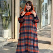 پیراهن هدیه سورمه ای نارنجی چهارخونه