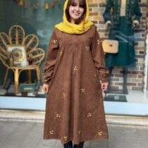 پیراهن شکیبا کبریتی قهوه ای گل زرد قرمز