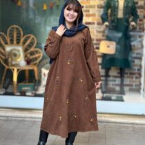 پیراهن شکیبا کبریتی قهوه ای گل زرد آبی