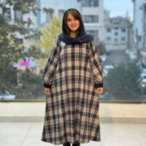 پیراهن هدیه سورمه ای شیری چهارخونه