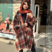 پانچ جلوباز چهارخونه نارنجی کرم قهوه ای