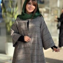 پالتو عروسکی چهارخونه ریز طوسی خط سبز