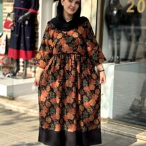 پیراهن نرگس مشکی گل و برگ آجری سبز