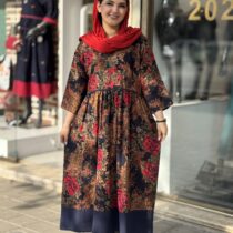 پیراهن نرگس سورمه ای گل درشت نسکافه ای قرمز