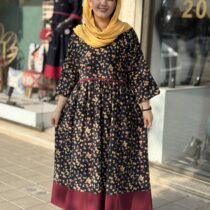 پیراهن نرگس سورمه ای زرشکی گل ریز زرد