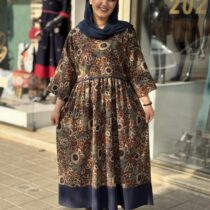 پیراهن نرگس سورمه ای قهوه ای گل نسکافه ای گرد