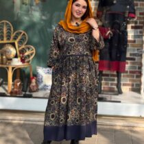 پیراهن نرگس سورمه ای گل نسکافه ای گرد