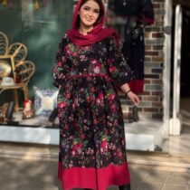 پیراهن نرگس سورمه ای سرخابی گل درشت