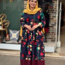 پیراهن نرگس سورمه ای طرح درشت رنگی