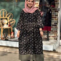 پیراهن نرگس سورمه ای یشمی گل زرد کالباسی