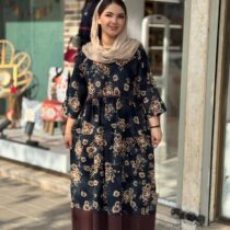 پیراهن نرگس سورمه ای گل درشت قهوه ای