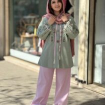 ست دو تیکه باران سبز پاستلی صورتی