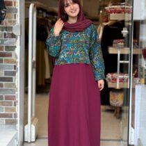ست کراپ و سارافون سین عنابی گل آبی