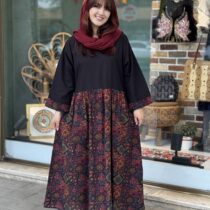 پیراهن شایسته مشکی طرح گلیم عنابی