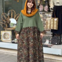 پیراهن شایسته سبز گل درشت قهوه ای