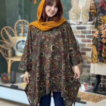 مانتو جلوبسته هنری قهوه ای گل گرد درشت