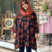مانتو جلوبسته هنری سورمه ای تیره گل نارنجی