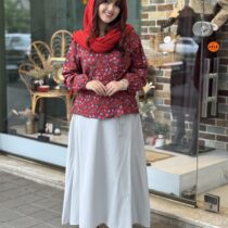 شومیز دامن صدف طوسی آبی و زرشکی گلدار