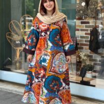 پیراهن پریا طرح گرد نارنجی آبی