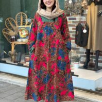 پیراهن هدیه صورتی گل خاکی و آبی